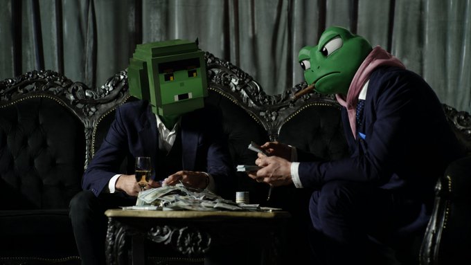 A meme image showing a person wearing a Minecraft Creeper head mask sitting next to Kermit the Frog in a suit on a couch, with stacks of money and a drink on the table between them.