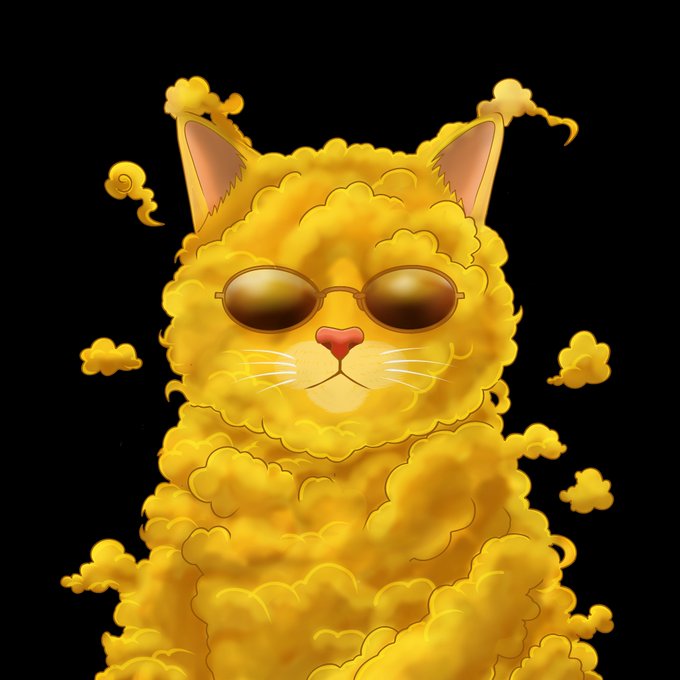The image features a stylized illustration of a fluffy yellow cloud-like cat wearing sunglasses, which visually represents the "Yellowcatz" NFT project mentioned in the post about an upcoming mint.
