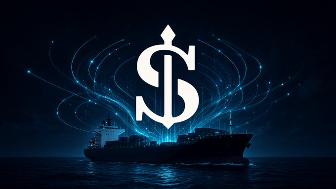 A dark, futuristic scene featuring a large cargo ship on the ocean at night, with a glowing white dollar sign ($) emblem and swirling blue particle effects overlaid above it.