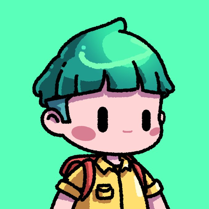 A cute chibi-style cartoon character with mint green hair, wearing a yellow shirt and red backpack, smiling against a bright green background.