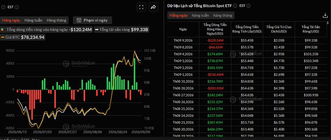 A screenshot of a financial dashboard showing Bitcoin Spot ETF data, with text in Vietnamese including 'Dòng tiền ròng vào hàng ngày', a chart displaying 'Giá BTC $78,234.94', and a table listing daily net inflows.