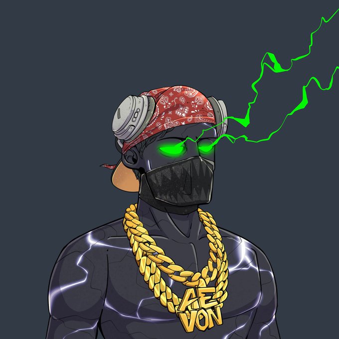An illustration of a muscular, dark-suited character with glowing green eyes, a black face mask, a red bandana, and gold chains, one of which has a pendant reading 'AEVON'.