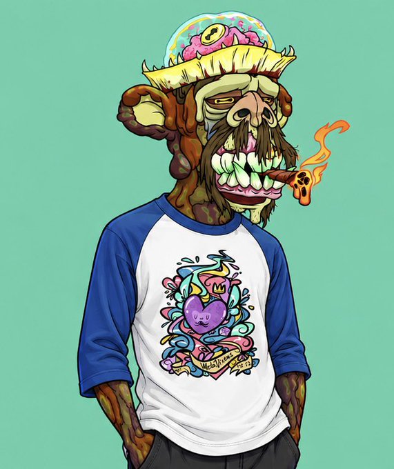 A cartoon illustration of a zombie-like character with exposed teeth smoking a cigarette, wearing a blue raglan shirt featuring a colorful graphic of a pink heart character.