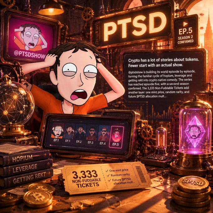 A promotional graphic for 'PTSD' Episode 5 Season 2 confirmed, featuring a cartoon character pulling his hair in distress, with text about 3,333 Non-Fuddable Tickets and references to 'HOPIUM', 'LEVERAGE', and 'GETTING REKT'.