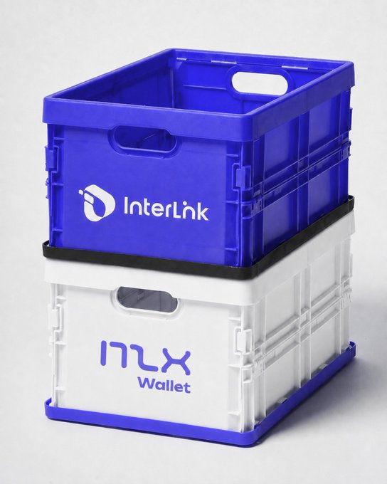 Two stacked plastic crates—one blue branded with "InterLink" and one white labeled "InterLink Wallet"—hint at the upcoming InterLink Wallet launch teased in the post, symbolizing what ITLX is "packing" for its community.
