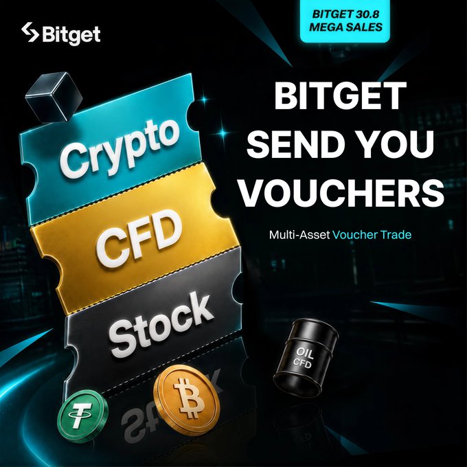 Promotional graphic for Bitget's 30.8 Mega Sales featuring the text 'BITGET SEND YOU VOUCHERS' and 'Multi-Asset Voucher Trade' alongside ticket-shaped icons labeled 'Crypto', 'CFD', and 'Stock'.