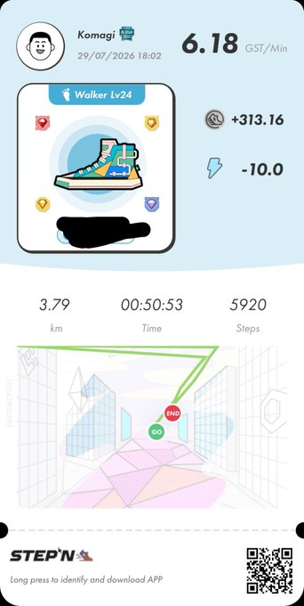 A STEP'N app activity summary for user Komagi showing a walking session with a Walker Lv24 sneaker earning +313.16 GST/Min, covering 3.79 km in 50:53 with 5920 steps.