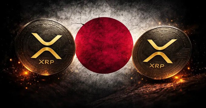 Two gold XRP cryptocurrency coins flank a textured red sphere against a dark, cosmic background, visually representing the Japanese flag's iconic red circle motif to symbolize Japan's new crypto tax reform lowering rates from 55% to 20% effective January 1, 2028.