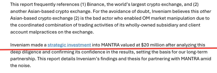 The image shows a report by Inveniam on MANTRA's real value. The background of the image is white, making the text stand out against it. It features a red title that reads "This report references ...", followed by some text written in black. This text provides information about the investment thesis and due diligence report on MANTRA, including details about its true value and why it was committed to investing in it.