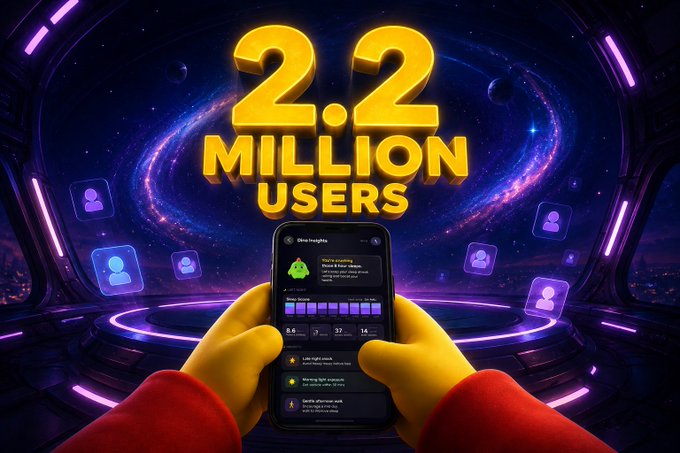 A promotional graphic celebrating '2.2 MILLION USERS' displayed in large yellow text, showing hands holding a smartphone with the 'Bina' app interface against a cosmic purple background.