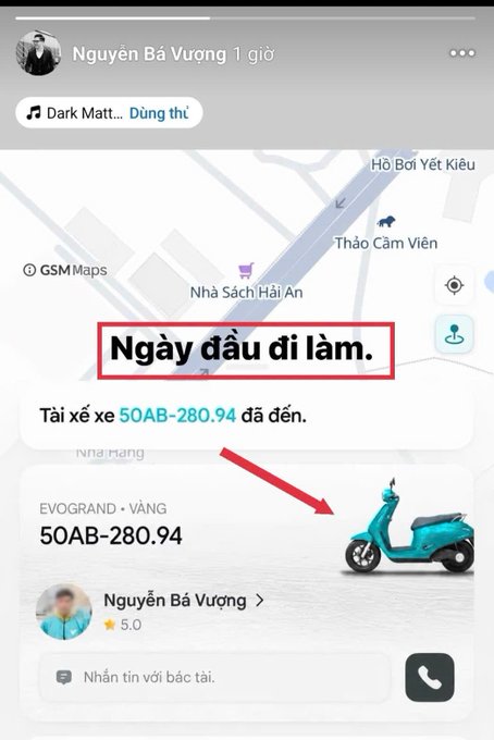 A screenshot of the Xanh SM ride-hailing app shows a driver named "Nguyễn Bá Vượng" arriving on a teal "EVOGRAND" scooter with license plate "50AB-280.94" at "Nhà Sách Hải An" in Vietnam, with an overlaid caption reading "Ngày đầu đi làm" (First day of work) — humorously highlighting that a once-successful crypto figure is now working as a ride-hailing driver.