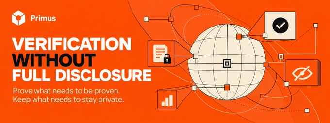 An orange promotional banner for Primus advertising 'VERIFICATION WITHOUT FULL DISCLOSURE' with the tagline 'Prove what needs to be proven. Keep what needs to stay private,' featuring an illustrated globe with various privacy and data icons.