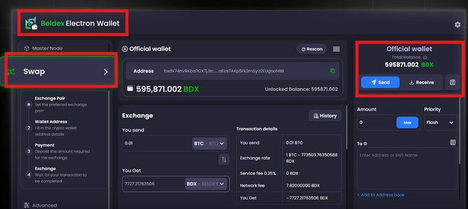 Screenshot of the Beldex Electron Wallet interface with red boxes highlighting key elements: the title, the Swap option, and the Official wallet balance section displaying '595,871.002 BDX'.