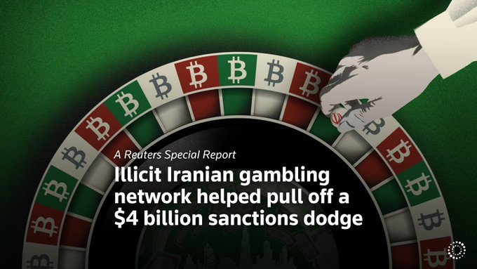A graphic for a Reuters Special Report titled "Illicit Iranian gambling network helped pull off a $4 billion sanctions dodge," featuring a roulette wheel decorated with Bitcoin symbols and a hand placing a chip, visually connecting cryptocurrency to illegal gambling operations tied to Iran's sanctions evasion.