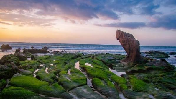The image features a beautiful beach scene with a large rock formation, possibly an old cliff or a rock arch, situated near the ocean. The rock formation has a unique shape that resembles a face, adding an interesting visual element to the landscape. The photo is taken from a low angle, which emphasizes the height of the rock and gives it a more prominent appearance in the frame.