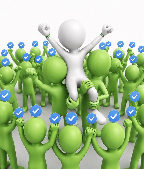 A 3D render showing a white figure being lifted in triumph by a crowd of green figures, all holding blue verified checkmark badges.