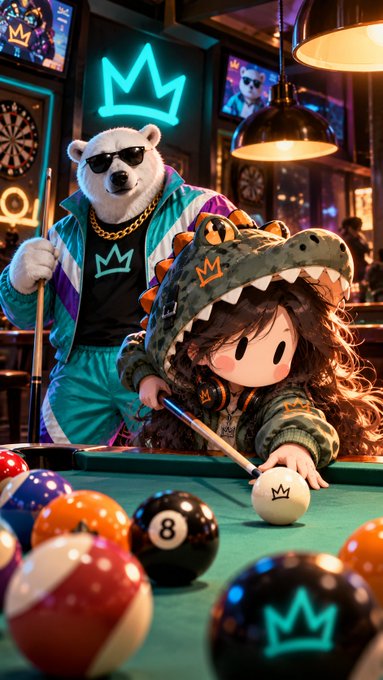 An illustrated scene shows a person in a green dinosaur hoodie playing pool, accompanied by a polar bear wearing sunglasses and a teal tracksuit, both featuring crown motifs.