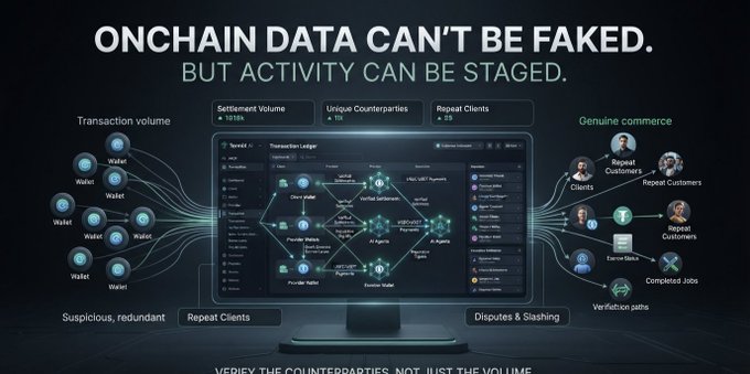 A dark tech-themed infographic with the headline 'ONCHAIN DATA CAN'T BE FAKED. BUT ACTIVITY CAN BE STAGED.' displaying a transaction ledger interface surrounded by diagrams illustrating suspicious wallets, repeat clients, slashing disputes, and genuine commerce verification paths.