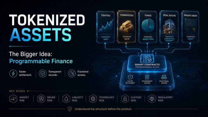 An infographic titled 'TOKENIZED ASSETS: The Bigger Idea: Programmable Finance,' showing categories (Equities, Commodities, Funds, Real Estate, Private Credit) connected to smart contracts, with listed key risks including market, issuer, liquidity, technology, custody, and regulatory risks.