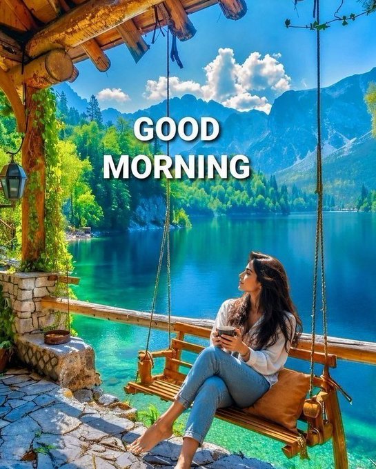 A 'GOOD MORNING' greeting image showing a woman sitting on a wooden swing by a clear blue lake surrounded by mountains, holding a coffee cup.