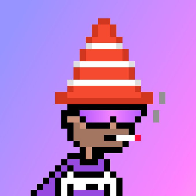 Pixel art of a character wearing a tall red and white striped traffic cone on their head, holding a cigarette, against a purple-pink gradient background.