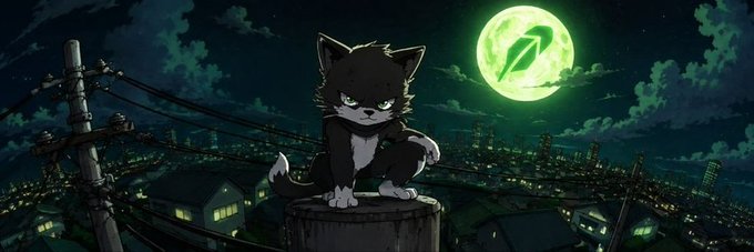 A black and white cat sits perched on a post overlooking a city at night, with a large green full moon glowing in the sky — the green hue evoking the meme-style branding tied to the $PONSY token and Robinhood Chain narrative.