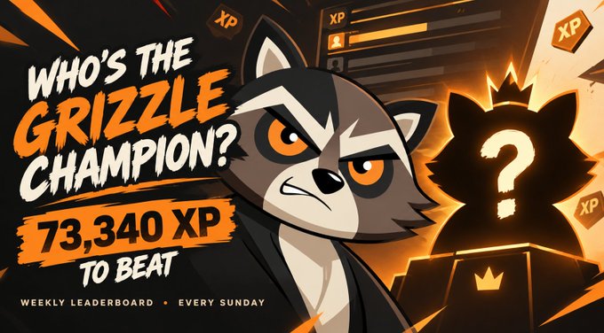 A promotional graphic asking 'WHO'S THE GRIZZLE CHAMPION?' featuring an angry raccoon character and a mystery silhouette, with '73,340 XP TO BEAT' and a 'WEEKLY LEADERBOARD' resetting 'EVERY SUNDAY'.