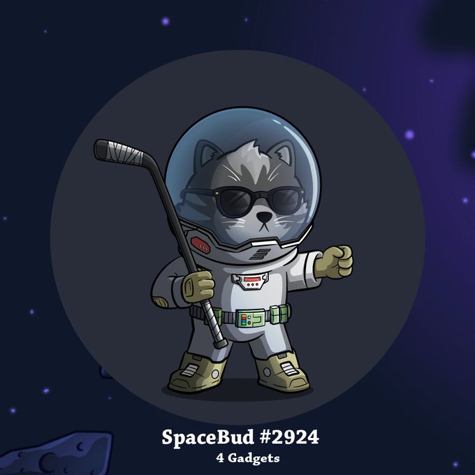 A cartoon cat astronaut in a spacesuit holding a hockey stick, labeled 'SpaceBud #2924' with '4 Gadgets' below.