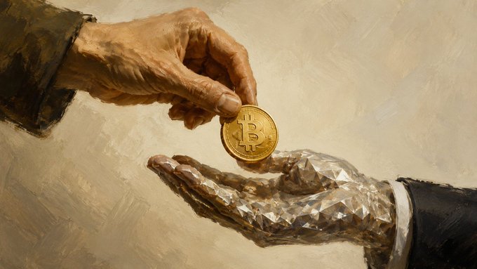 A classical-style oil painting depicting a human hand offering a gold Bitcoin coin to a crystalline, diamond-textured hand in a business suit sleeve.