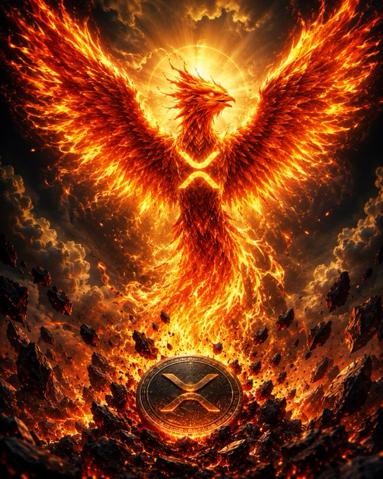 A fiery phoenix rises dramatically from molten rock and embers, with a coin prominently displaying the **"X"** XRP logo at the base, symbolizing the cryptocurrency's triumphant ascension and rebirth as suggested by the post's reference to the Phoenix rising and XRP being ready to soar.