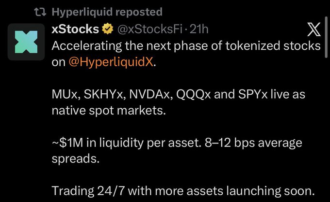 A reposted tweet from xStocks (@xStocksFi) announces tokenized stocks like MUx, SKHYx, NVDAx, QQQx, and SPYx on Hyperliquid, noting ~$1M in liquidity per asset.