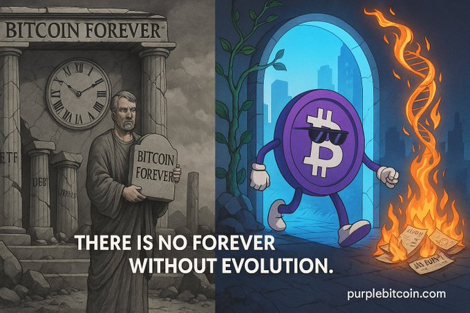 A split-panel crypto-themed illustration: the left side shows a classical statue holding a tombstone marked 'BITCOIN FOREVER' beneath a clock with 'BITCOIN FOREVER' inscribed, while the right side features a purple Bitcoin character wearing sunglasses striding through a portal away from burning documents, captioned 'THERE IS NO FOREVER WITHOUT EVOLUTION.' with 'purplebitcoin.com' branding.