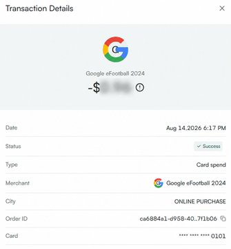 A Solayer Pay Card transaction details screen showing a successful $ purchase from Google eFootball 2024 on August 14, 2026, via online purchase, confirming the user's claim of hassle-free crypto-to-online spending.