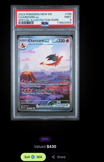 A PSA Mint 9 graded 2023 Pokémon Mew English Charizard ex Special Illustration Rare card #199, valued at $430 and tagged as "EPIC," likely the rare pull the poster is celebrating from their Jupiter Exchange pack opening.