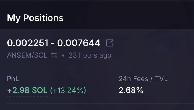 The image shows a "My Positions" trading dashboard displaying a position in the ANSEM/SOL pair with a price range of 0.002251-0.007644, showing a profit of +2.98 SOL (+13.24%) and 24h fees/TVL of 2.68%. The visual supports the post's confident "send it" attitude by showcasing a position currently in the green with notable gains and solid fee yield.