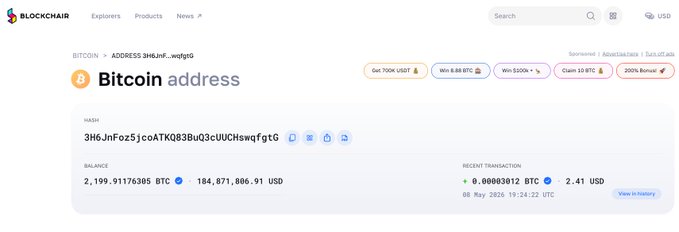 A Blockchair webpage displays a Bitcoin address '3H6JnFoz5jcoATKQ83BuQ3cUUCHswgfgtG' with a balance of approximately 2,199 BTC ($184 billion USD).