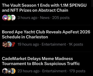 News feed headlines including 'The Vault Season 1 Ends with 1.1M $PENGU and NFT Prizes on Abstract Chain', 'Bored Ape Yacht Club Reveals ApeFest 2026 Schedule in Charleston', and 'CadeMarket Delays Meme Madness Tournament to Block Suspicious Traffic'.