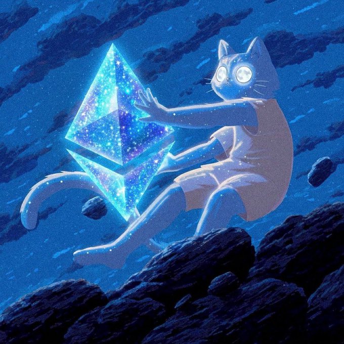 An illustration shows a cat-like humanoid figure in a cape floating in space, reaching out to touch a glowing, crystalline Ethereum logo amid stars and floating rocks.