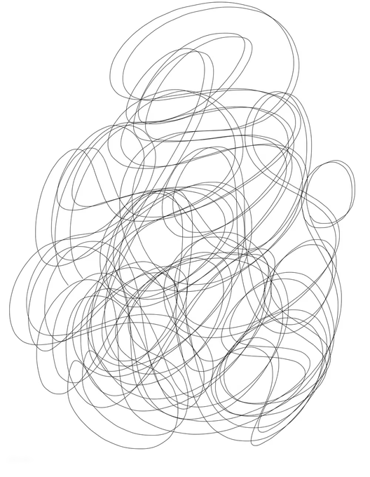 A chaotic, abstract drawing consisting of densely layered, overlapping swirling black lines on a white background, forming an indistinct, tangled oval shape.