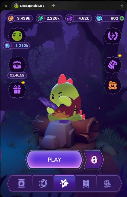 The image features a screenshot of a video game called "Sleepagotchi" with a green frog character sitting in front of trees, holding a stick. The main focus of the image is the green frog.
