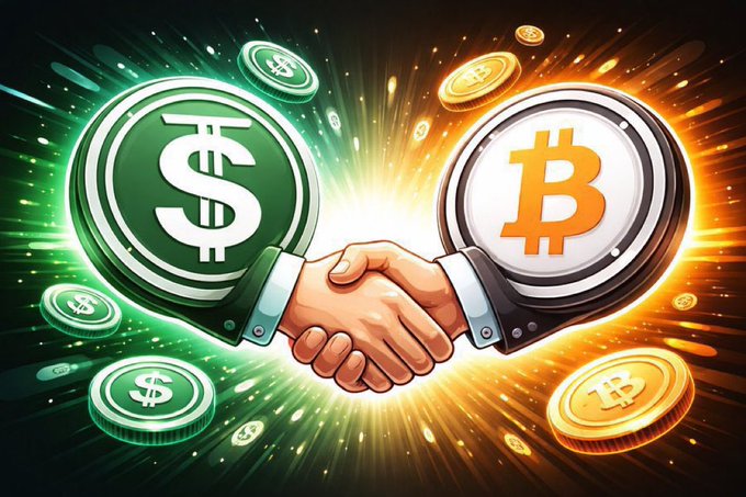 A digital illustration showing a handshake between two hands, one emerging from a green dollar sign coin and the other from an orange Bitcoin (₿) coin, symbolizing the convergence of traditional and cryptocurrency finance.