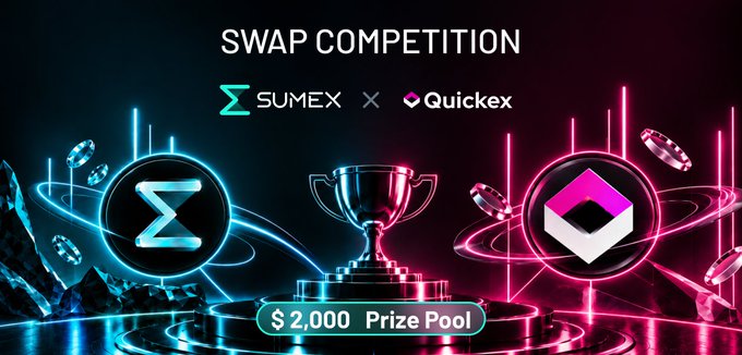 A vibrant neon-lit promotional graphic announces a "SWAP COMPETITION" between Sumex and Quickex, featuring a central trophy, their logos, and a $2,000 Prize Pool to celebrate their new partnership and integration.