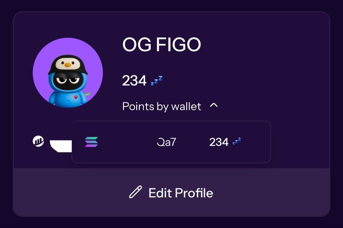 A profile screen for 'OG FIGO' showing 234 points, a penguin avatar wearing a penguin hat, and an associated Solana wallet.