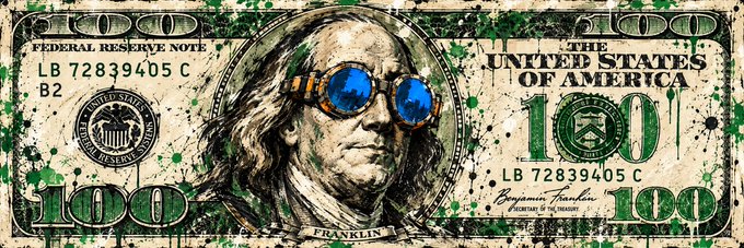 An artistic illustration of a modified US $100 bill featuring Benjamin Franklin wearing blue reflective sunglasses, embellished with green paint splatters.