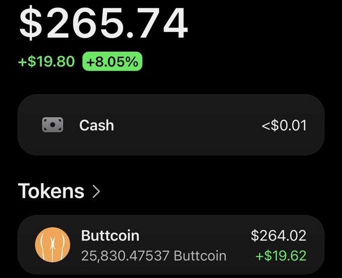 A cryptocurrency portfolio screen showing a total balance of $265.74, up $19.80 (+8.05%), with holdings primarily in 'Buttcoin' (25,830.47537 tokens valued at $264.02) and less than $0.01 in cash.