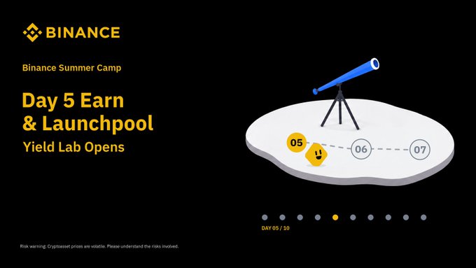 A Binance Summer Camp Day 5 promotional graphic features the headline "Earn & Launchpool – Yield Lab Opens" alongside an illustration of a telescope aimed at a path marked "05, 06, 07," with a progress indicator showing "DAY 05/10" at the bottom.