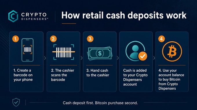 An infographic titled 'How retail cash deposits work' by Crypto Dispensers, showing four steps: 1) Create a barcode on your phone, 2) The cashier scans the barcode, 3) Hand cash to the cashier, 4) Use your account balance to buy Bitcoin, with the tagline 'Cash deposit first. Bitcoin purchase second.'