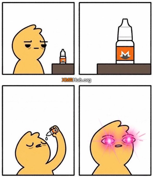 A four-panel comic by XMRHub.org shows a yellow character looking at a bottle labeled with 'M', drinking from it, and then having glowing pink eyes.