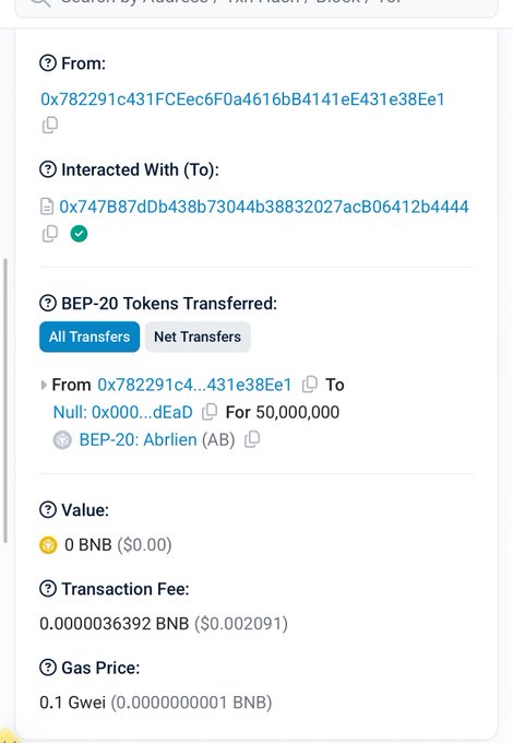 A BscScan transaction screenshot showing 50,000,000 BEP-20 Abrilen (AB) tokens being sent from address 0x782291c431FCEec6F0a4616bB4141eE431e38Ee1 to a null/burn address, with a transaction fee of 0.0000036392 BNB ($0.002091), confirming the 50M token burn referenced in the post.