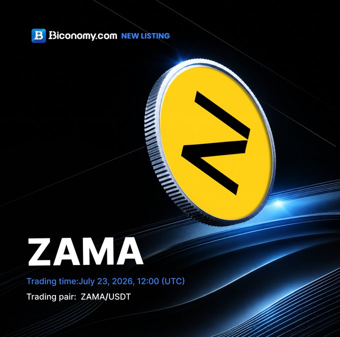 Bitconomy.com new listing announcement for ZAMA token, with trading time July 23, 2026, 12:00 UTC, paired as ZAMA/USDT.